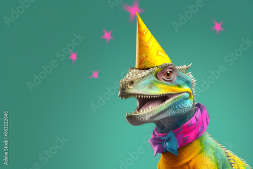 Creative animal concept. Basilisk in party cone hat necklace bowtie outfit isolated on solid pastel background advertisement, copy text space. birthday party invite invitation 
