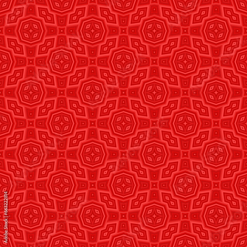 Seamless pattern with symmetric ornament. Red colors geometric figures abstract background. Ethnic and tribal motifs.