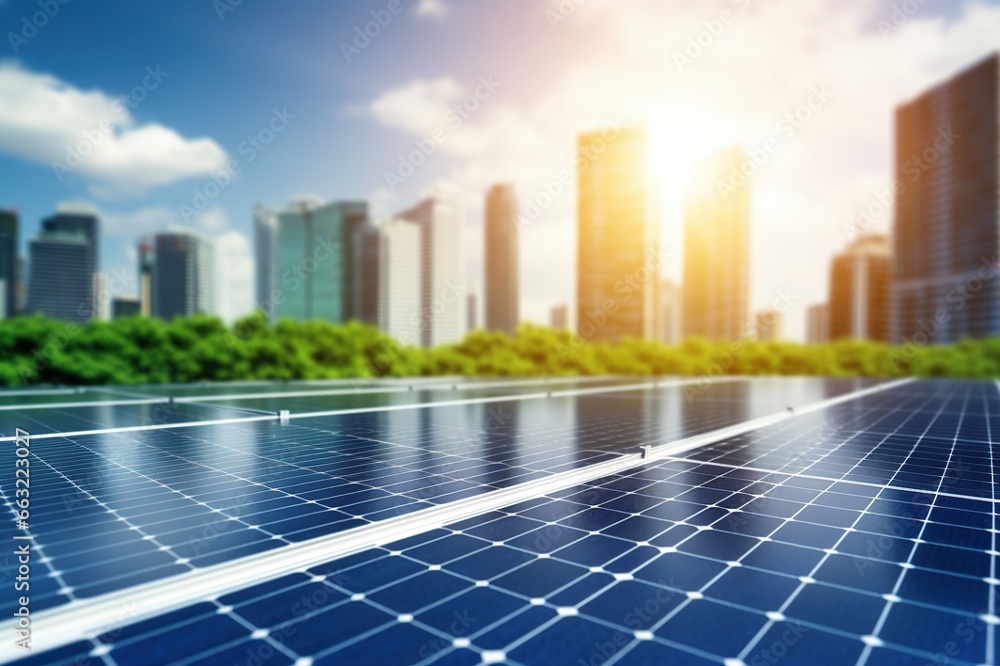 Fototapeta premium Solar panels in aerial view. Eco-technology of solar power plants in solar power plants with city background. alternative electricity source - concept of sustainable resources