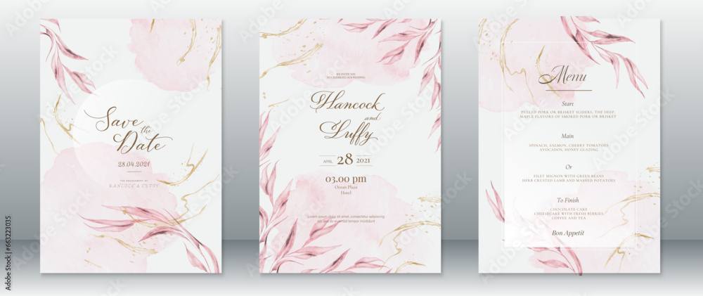 Elegant wedding invitation card template natural design with leaf and watercolor background
Elegant wedding invitation card template natural design with leaf and watercolor background