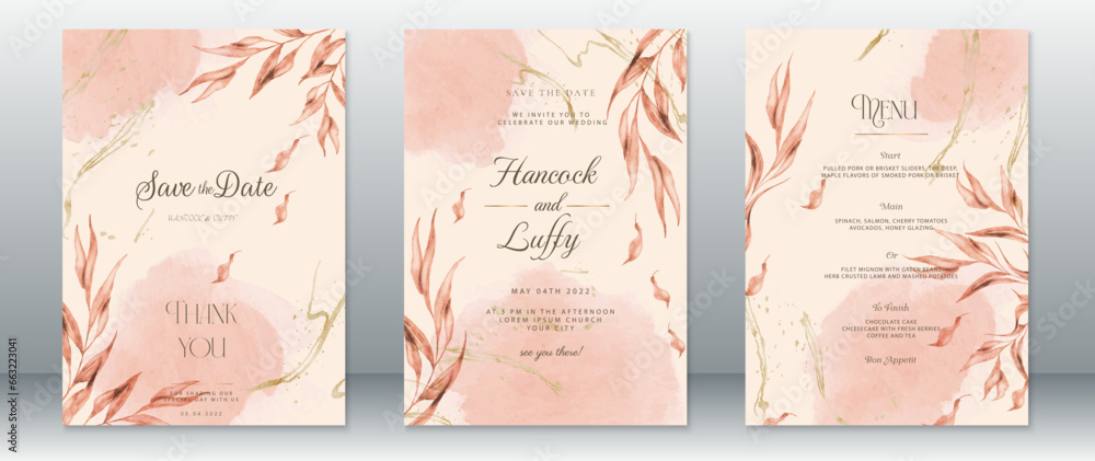 Wedding invitation card template elegant of pink nature leaf design with gold texture and watercolor background