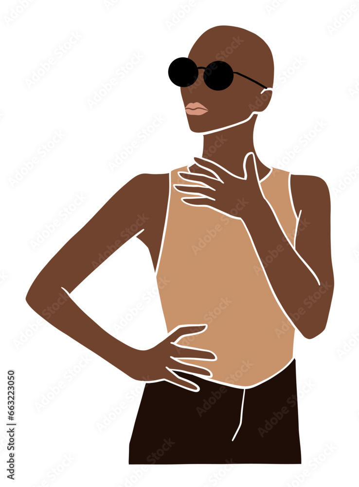 Fototapeta premium Abstract bald black woman portrait illustration. Vector illustration.