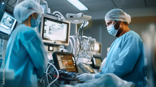 Team of doctors or surgeons with monitors in hospital surgical operating emergency room. Doctor anesthetist working in operating room checking monitors while sedating patient. generative Ai. photo