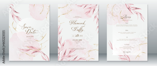 Elegant wedding invitation card template natural design with leaf and watercolor background 