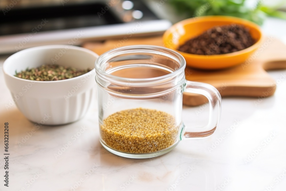 serving of quinoa in a measuring cup on a kitchen counter serving of quinoa in a measuring cup on a kitchen counter
