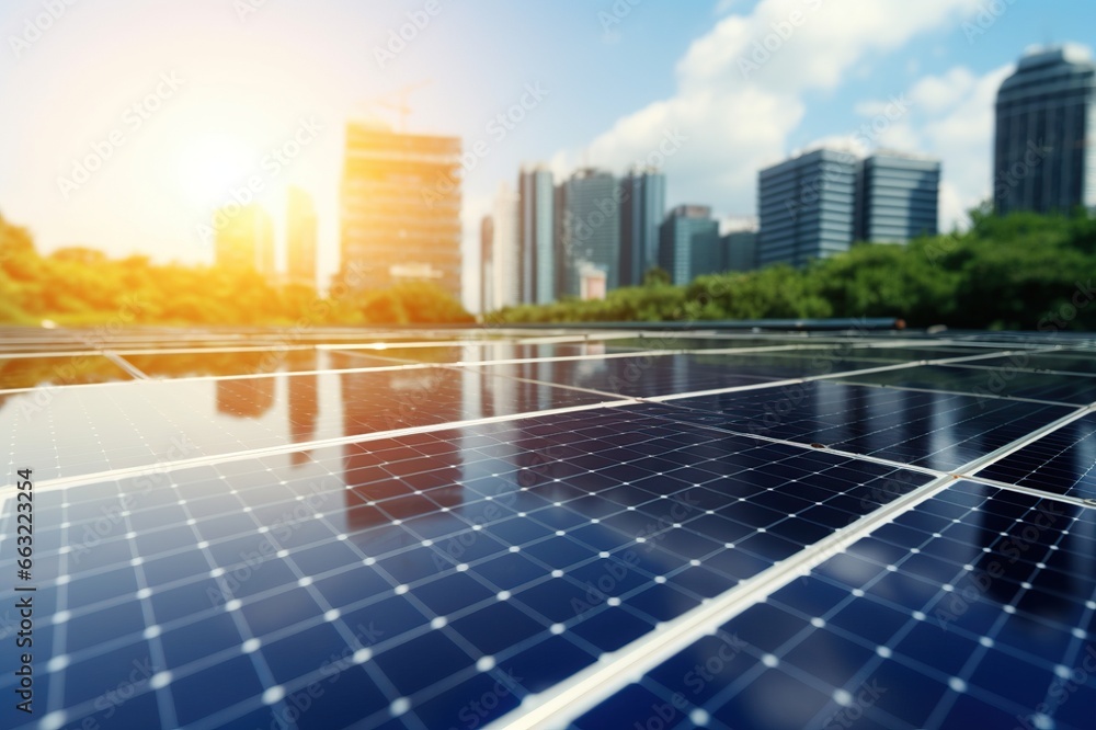 Fototapeta premium Solar panels in aerial view. Eco-technology of solar power plants in solar power plants with city background. alternative electricity source - concept of sustainable resources