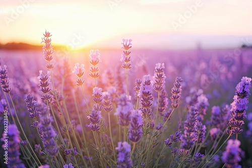 Close up lavender flowers in beautiful field at sunset.