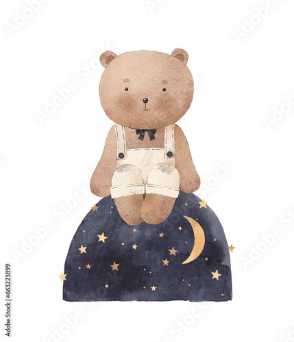 Cute teddy bear with star sits on the night hill. Can be used for cards, invitations, baby shower, posters. Watercolor illustration.