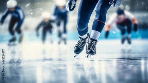 Speed skaters racing around an ice rink, winter sports, with copy space, blurred background