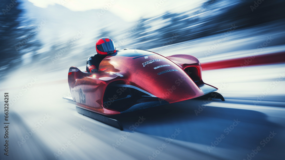 A bobsled team taking on a challenging icy track, winter sports, with copy space, blurred background