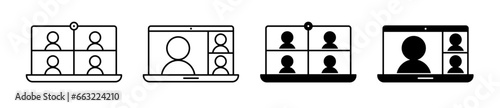 Video conference icon set. Online meeting, teleconference, virtual chat on laptop symbol. Vector illustration
