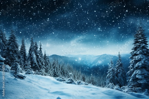 Forest on a mountain ridge covered with snow. milky way in a starry sky. christmas winter night, generative ai