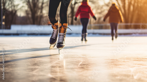 Figure skaters gracefully performing on an outdoor ice rink, winter sports, with copy space, blurred background