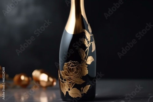 elegant wine bottle with golden rose design. Generative AI #663224268