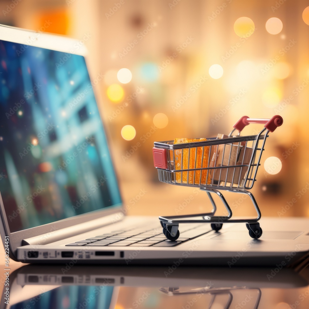 A shopping cart on top of an open laptop, a shiny background.