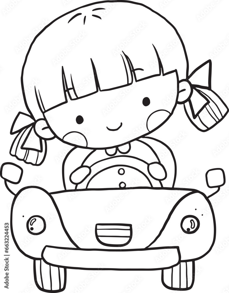 girl driving car cartoon doodle kawaii anime coloring page cute illustration drawing clip art