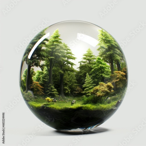 Nature inside a transparent glass ball, nature conservation, white background