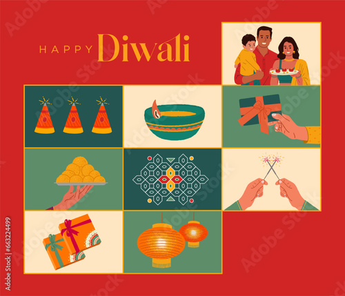 Indian family in Traditional Dressing, Celebrating Big Diwali Festival with Culture Elements Vector Illustration for gift box design, poster and greeting card template