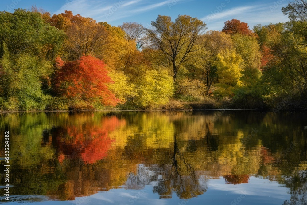 Vibrant autumn foliage paints a picturesque landscape in a park full of maple trees and colorful leaves reflected in the water. Generative AI