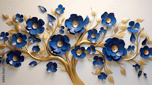 Elegant gold and royal blue floral tree with leaves and flowers hanging branches illustration background. #663224662