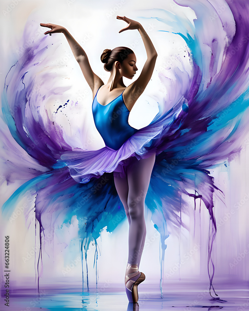 ballerina fiktiv tanzt im studio das kleid lösst sich auf und zerfliesst in tausend farben farbexplosion efekt 3d effekt - obrazy, fototapety, plakaty 