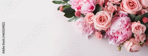 Fresh bunch of pink peonies and roses with copy space. © MKhalid