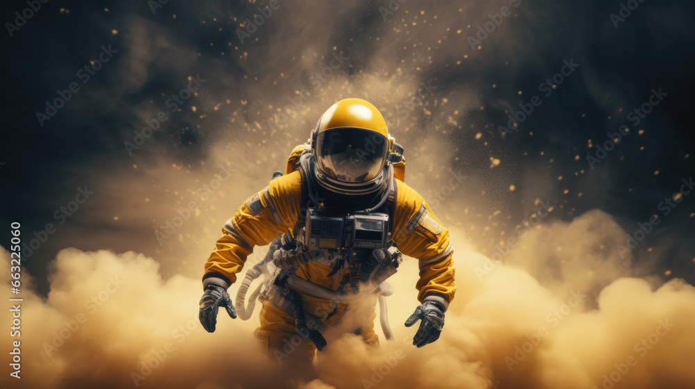 Astronaut in vibrant yellow suit floating above clouds with a ...