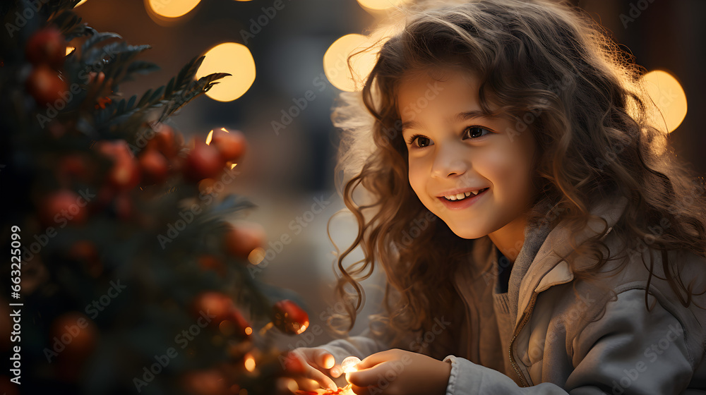 Portrait of a cute caucasian curly-haired girl looking at a Christmas tree in the candlelight