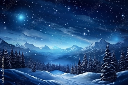 Forest on a mountain ridge covered with snow. milky way in a starry sky. christmas winter night, generative ai