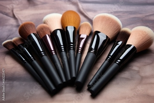 collection of makeup brushes with wooden handles
