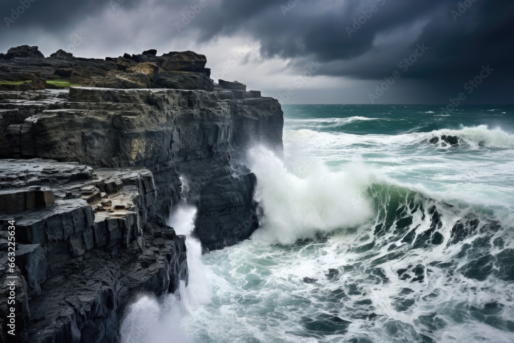 waves crashing against cliff rocks under a stormy sky