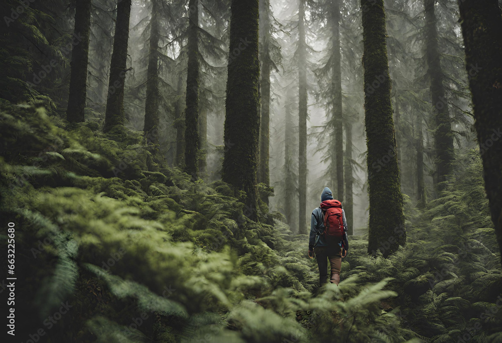 An image of an adventurous hiker amidst a dense forest. An image of an adventurous hiker amidst a dense forest.