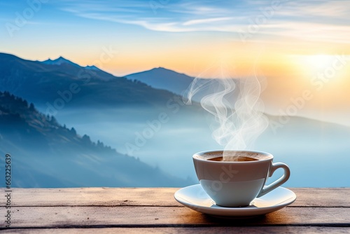 Hot coffee with smoke in the morning under blue sky. photo