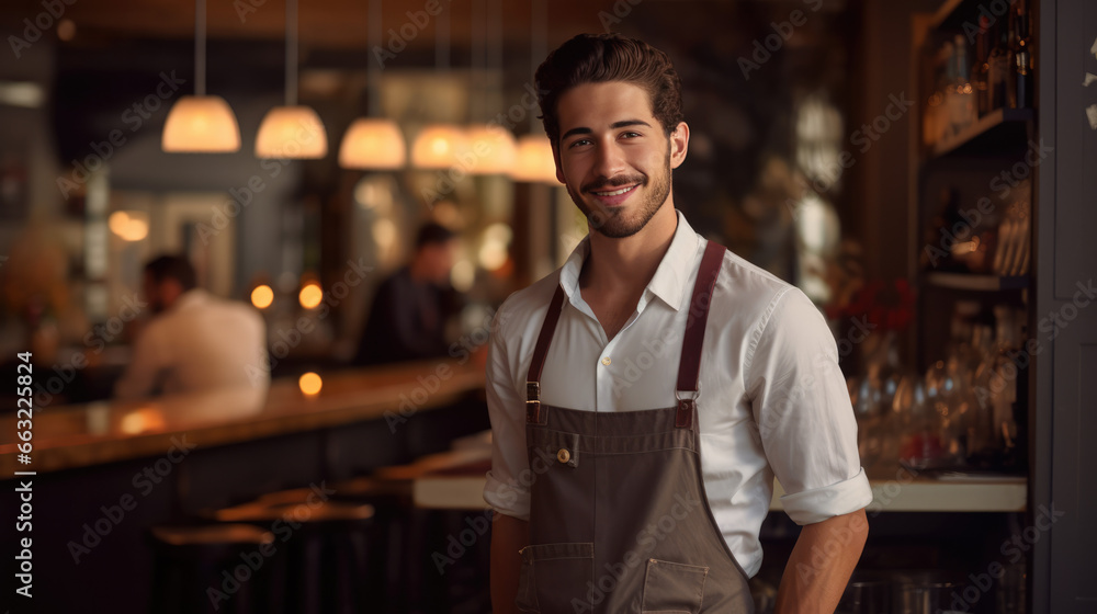 Handsome waiter smiling in a modern upscale bar setting with ambient lighting, shelves of drinks, and customer interaction in the background. Professional hospitality concept.