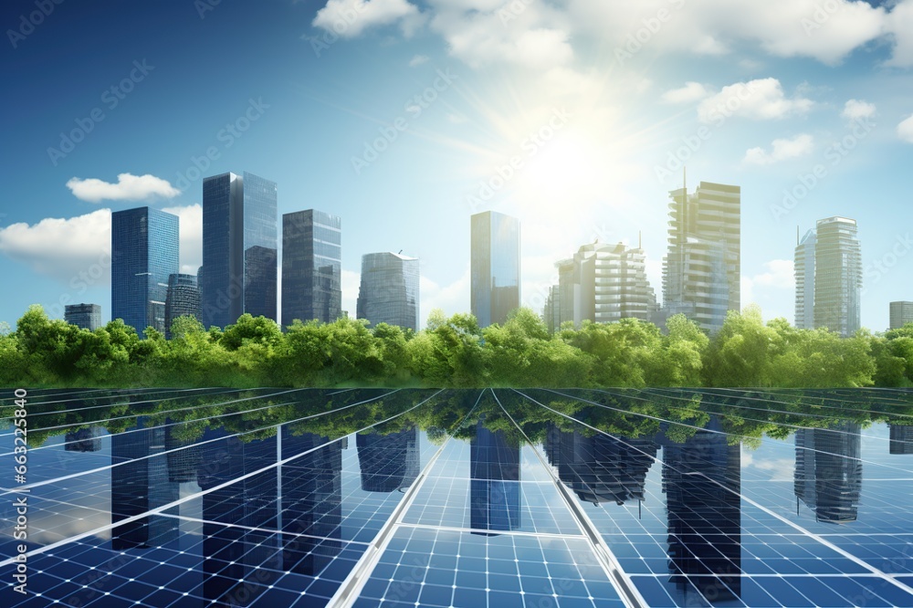 Fototapeta premium Solar panels in aerial view. Eco-technology of solar power plants in solar power plants with city background. alternative electricity source - concept of sustainable resources
