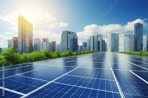 Solar panels in aerial view. Eco-technology of solar power plants in solar power plants with city background. alternative electricity source - concept of sustainable resources
