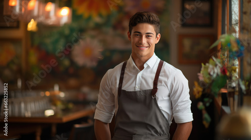 Smiling young waiter in apron against a vibrant artistic cafe backdrop, with warm lighting and colorful murals.