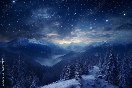 Forest on a mountain ridge covered with snow. milky way in a starry sky. christmas winter night, generative ai © Nia™