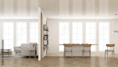 creation build up interior apartment modern tropical style with laminate wood floor and large window rolling camera pass living room, dining room, kitchen, and bedroom. 3d rendering animation looping