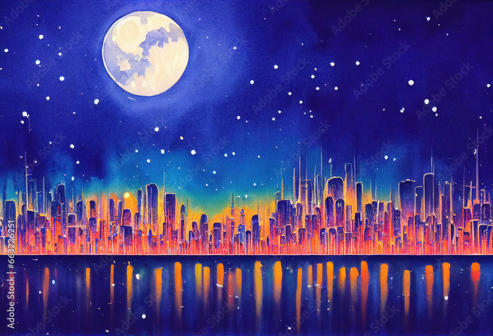 Abstract city near the ocean at night, full moon skyline and water reflections, twilight blue in contrast with the glowing orange urban lights.
