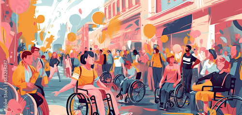 People in wheelchair on festival party on city street