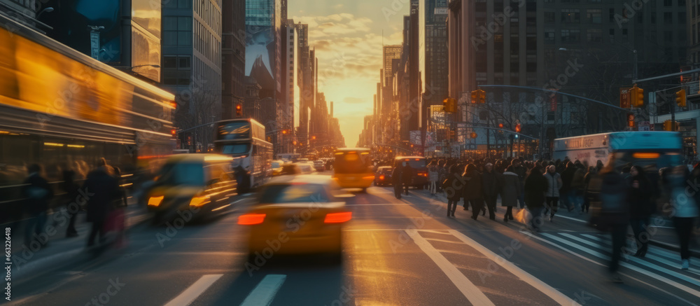 timelapse of busy urban downtown sunset city crowd people commuter transportation intersection street motion people and car taxi strret scene pedestrian city people lifestyle