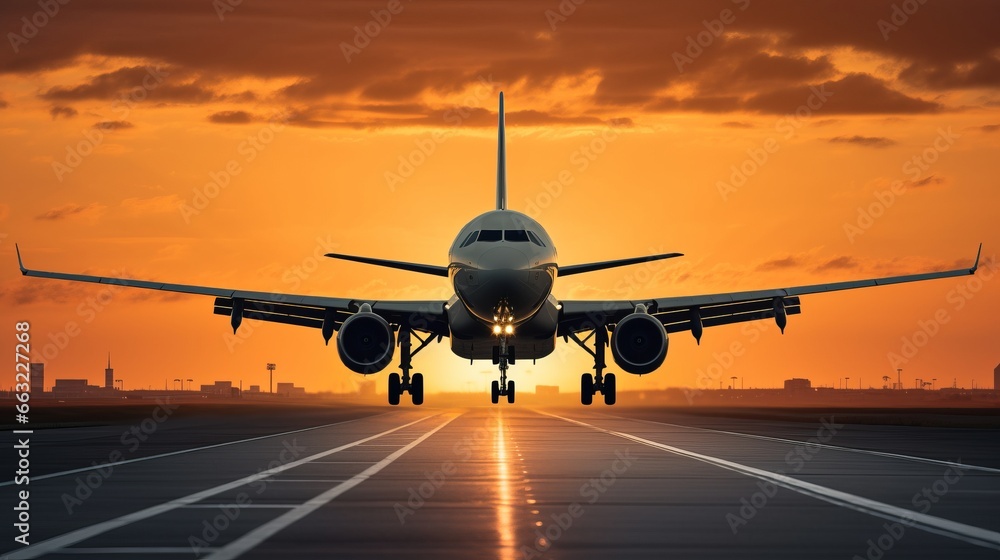 Airplane on the runway at sunset. Concept of travel and business Airplane on the runway at sunset. Concept of travel and business
