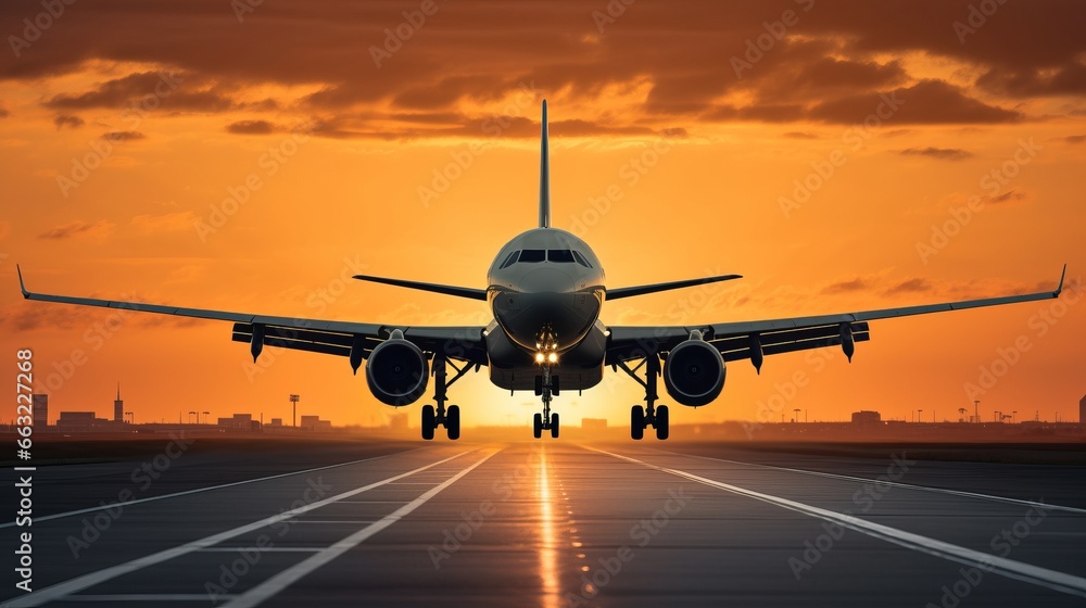 Airplane on the runway at sunset. Concept of travel and business