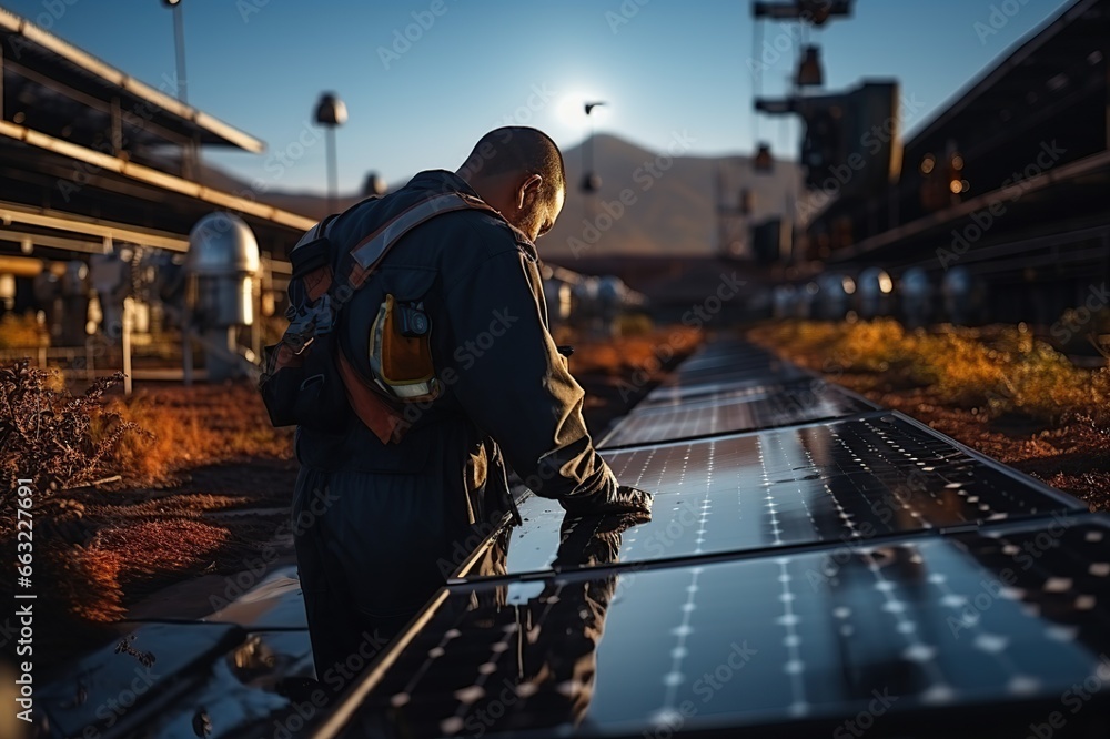 Engineer maintaining solar cell panels on the rooftop, Engineer worker install solar panel. Clean energy concept.