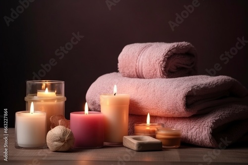 spa setting with candles and towels.AI Generated