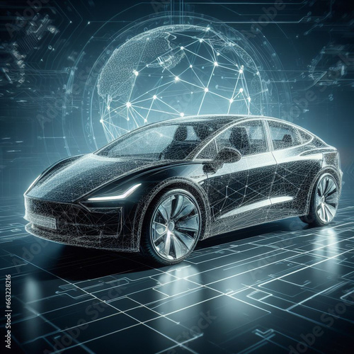 Futuristic black electric car with holographic wireframe digital technology background, a glimpse into the future of transportation.