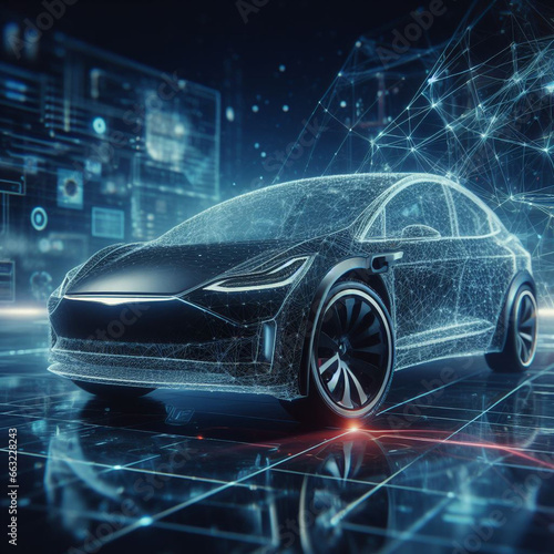 Futuristic black electric car with holographic wireframe digital technology background, a glimpse into the future of transportation. © Design Plus