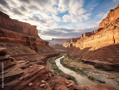 A photograph capturing the serene beauty of a remote canyon landscape at sunrise or sunset.