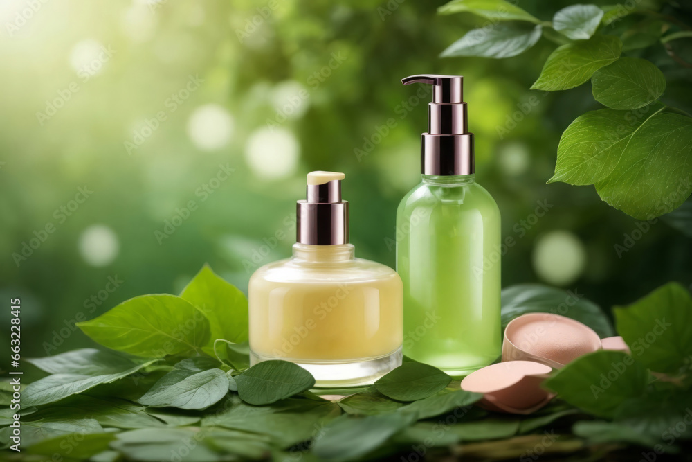 A cosmetic bottle with nature Natural Aromatherapy Spa Treatment with Scented Green Leaf Beauty Product A cosmetic bottle with nature Natural Aromatherapy Spa Treatment with Scented Green Leaf Beauty Product